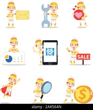 Einstellen der männlichen in einem Candy corn niedlichen Charakter. Stock Vektor