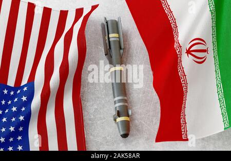 Iran Flagge und USA-Flagge. Nuclear atomare Gefahr. Krieg Konzept. 3D-Rendering Stockfoto