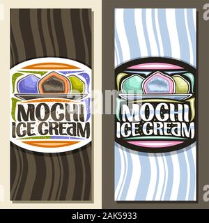 Vektor Layouts für Mochi Ice Cream, dekorative Gestaltung Merkblatt mit der Abbildung von 3 verschiedenen japanischen Eis Dish, Pinsel Schrift für Worte moc Stock Vektor