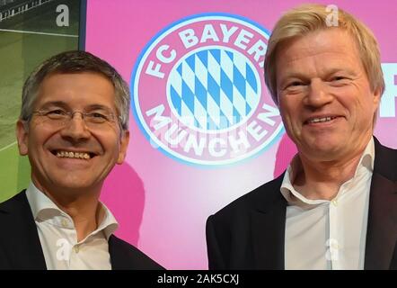 München, Deutschland. 07 Jan, 2020. Der ehemalige Torwart Oliver Kahn (rechts) bei seiner Präsentation als neuer Bayern München Mitglied des Vorstands, neben Club Präsident Herbert Hainer. Credit: Sven Hoppe/dpa Quelle: Sven Hoppe/dpa/Alamy leben Nachrichten Stockfoto