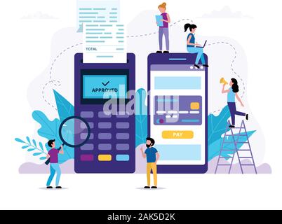 Mobile Payment via Smartphone. POS-Terminal und einem Smartphone Anwendung für Zahlung. Kleine Menschen, die verschiedene Aufgaben. Konzept Vector Illustration in Stock Vektor