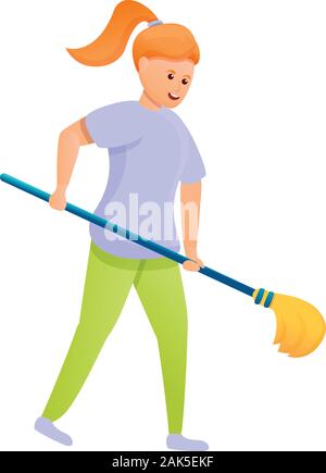Mädchen nehmen Reinigungs Mop-Symbol. Cartoon des Mädchens Reinigungs mop Vektor Symbol für Web Design auf weißem Hintergrund Stock Vektor