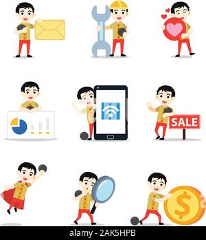 Satz von Zeichen mann Bowling spielen und wirft einen Ball zu kegeln. Stock Vektor