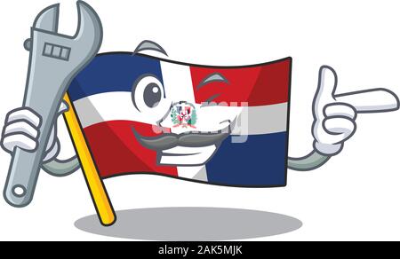 Smart Mechaniker Flagge Dominikanische Republik Cartoon Character Design Stock Vektor