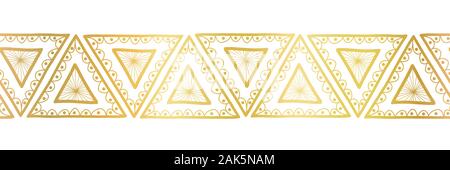 Goldfolie Dreiecke nahtlose Vektor Grenze. Boho style Muster Hand tribal ethnische Motive gezeichnet. Geometrische wiederholen Hintergrund. Dreieck Form wiederholen. Stock Vektor