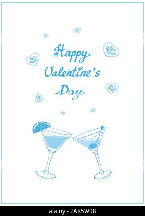 Post card Cocktails mit Herzen und Phrase Happy Valentine's Day. Einfache Skizze vector Abbildung kann in Postkarten, Grußkarten, Banner, Drucke, Feiern u.s.w. EPS 10. Stock Vektor