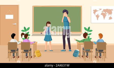 Schüler im Klassenzimmer Vector Illustration. Verwirrt Mädchen mit Tinte Flecken an der Kleidung an Klassenlehrer in der Nähe der Tafel stand. Schule Klassenzimmer Innenraum, Schulkinder am Lektion Zeichen Stock Vektor