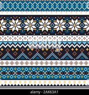 Schottische Fair Isle Stil traditionelle Strickwaren Vektor nahtlose Muster, sich wiederholende Shtelands stricken Design mit Schneeflocken Stock Vektor