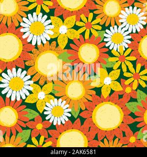 Vektor bunt Gelb und Orange strukturierte Sonnenblumen pen Skizze Muster wiederholen. Geeignet für textile, Geschenkpapier und Tapeten. Stock Vektor