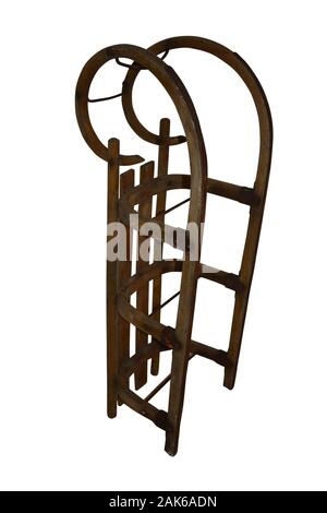 Alte vintage Holz- snow Slider auf weißem Hintergrund mit Freistellungspfad isoliert Stockfoto