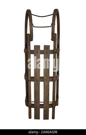 Alte vintage Holz- snow Slider auf weißem Hintergrund mit Freistellungspfad isoliert Stockfoto