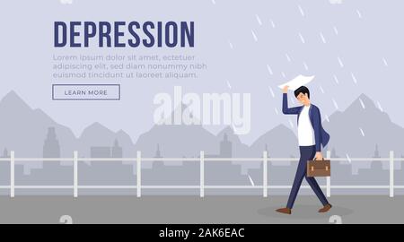 Depression landing page template Vector Illustration. Geschäftsmann Charakter in schlechte Stimmung zu Fuß bei Regen. Düstere Stadt Landschaft, gestresst und müde Mann, Angst problem Webseite flache Bauweise Stock Vektor