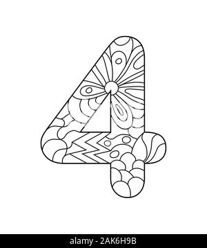 Schwarze und weiße Vector Illustration für die Färbung. Nummer vier in der zentangle Stil. Leere lineare Kontur auf weißem Hintergrund. Stock Vektor