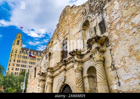 Alamo Mission Battle Website Emily Morgan West Hotel San Antonio Texas. Website 1836 Schlacht zwischen Texas Patrioten und die mexikanische Armee Stockfoto