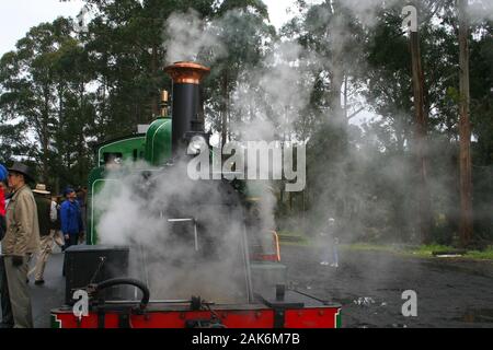 Puffing Billy - Australiens einzigartige Steam Railway, die durch die schönen Wälder und Landschaften fließt Stockfoto