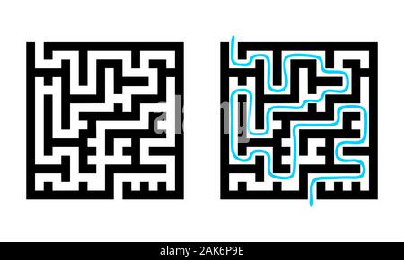 Logische Spiel mit Lösung. Kinder Labyrinth. Labyrinth mit schwarzen Linien auf weissem Hintergrund. Vector Illustration. Stock Vektor