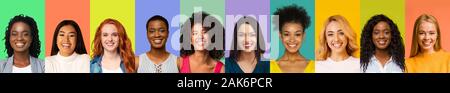 Collage von jungen multiethnischen glückliche Frauen über bunten Hintergründen, Panorama, internationale Gemeinschaft Stockfoto
