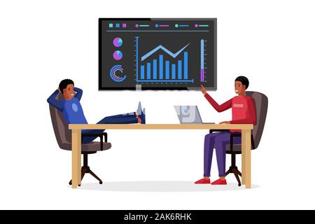 Afrikanische amerikanische Geschäftsmann und Präsentation Vector Illustration. Business Report mit Schaubildern, Diagrammen, Infografik, Statistiken Informationen an Bord. Business Analytics und Strategie Konzept Stock Vektor