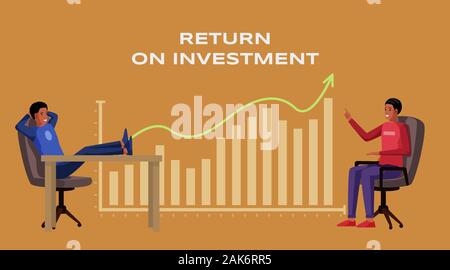 Return on Investment Plakat layout Vector Illustration. Afrikanische amerikanische Geschäftsleute der internationalen Zusammenarbeit. Einkommen und vom Ertrag, Wirtschaft und Finanzen, Strategie und finanziellen Erfolg, ROI Stock Vektor