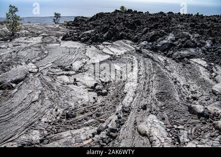 Landschaftsansicht mit dem strukturierten Muster eines alten Lavaflusses aus einem Vulkan auf Hawaii mit Bäumen, die auf Lava wachsen Big Island Hawaii USA Stockfoto