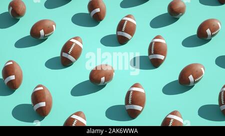 Mehrere zufällige american Football Bälle auf einem farbigen Hintergrund - 3D-Beleuchtung Stockfoto