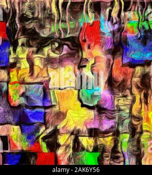 Moderne Kunst. Flecken von Lack und Mystic Gesicht Stockfoto