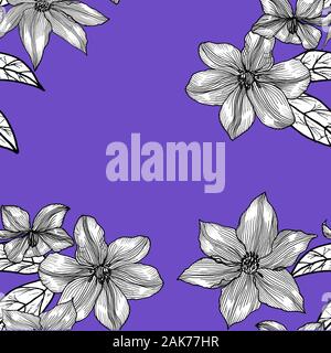 Nahtlose Muster mit Clematis. Hand gezeichnet. Grafik. Stockfoto