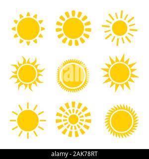 Sun Symbole gesetzt. Flache leuchtende Symbole Sammlung. Tageslicht logos Stock Vektor