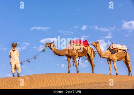 Ein alter Mann mit seinem Kamele, Wüste Thar, Rajasthan, Indien Stockfoto