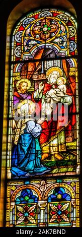 Baby Jesus Christus Maria Joseph Tempel Simeon Glasmalerei Saint Mary's Catholic Church in San Antonio, Texas. 1857 gebaut Stockfoto