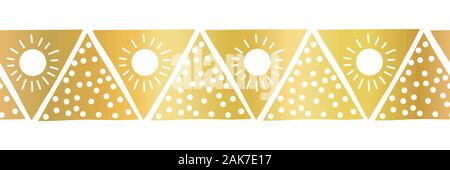 Die nahtlose Vektor Grenze Goldfolie Dreiecke. Boho style Muster Hand tribal ethnische Motive gezeichnet. Geometrische wiederholen Hintergrund. Dreieck Form wiederholen. Stock Vektor