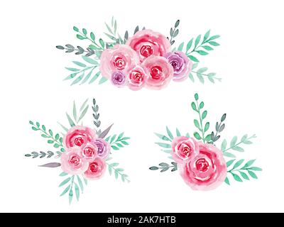 Aquarell boho Blumen Blumensträuße mit rosa Rosen und grünen Zweigen. Abbildung. Stockfoto