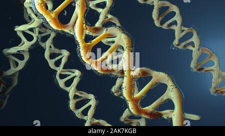 Prächtig aussehende DNA vor blauem weichem Hintergrund. 3D-Rendering. Stockfoto