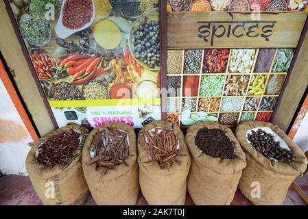 Ein buntes Gewürzgeschäft in Cochin, Kerela, Indien. Stockfoto