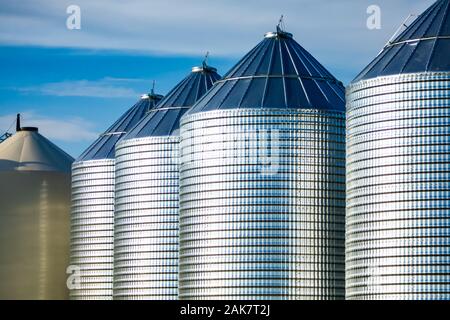 Groß, Stahl Zylinder Türme sind auf ein Korn und Getreide Farm in Saskatchewan, Kanada gesehen. Silos essen Körner in einem landwirtschaftlichen Betrieb zu horten, Stockfoto