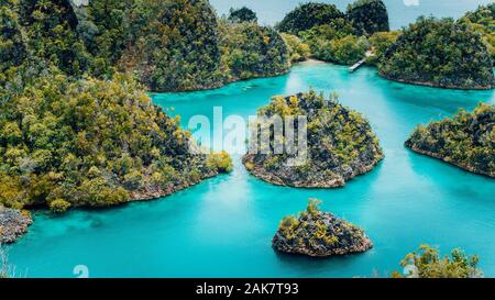 Pianemo Inseln, die Blaue Lagune mit Grünem karst Kalkstein Felsen, Raja Ampat, West Papua. Indonesien Stockfoto