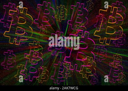 Eine abstrakte psychedelischen wiederholen Bitcoin Symbol Hintergrundbild. Stockfoto