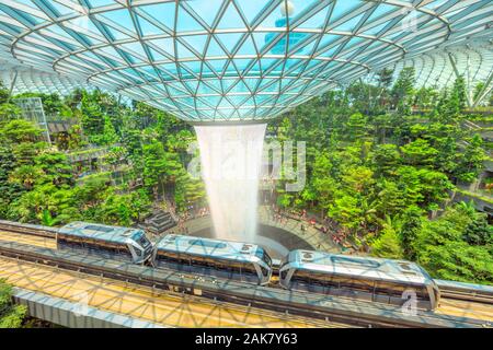 Singapur - Aug 8, 2019: Skytrain am Anschluss Schwebebahn, die Leute transportieren durch Juwel unter Regen Vortex, Wasserfall, zu Klemme Stockfoto