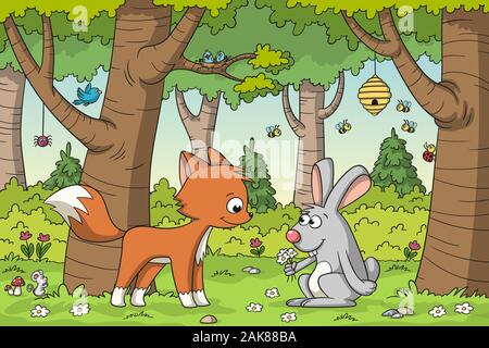Fuchs und Hase in den Wald. Vector Illustration mit separaten Ebenen. Stock Vektor