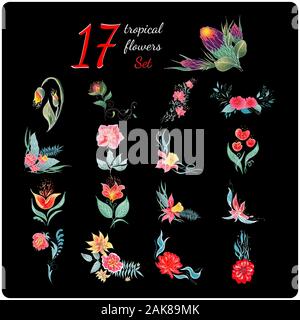 Große 17 bunten tropischen Blumen. Großen floralen botanischen Blume auf schwarzen Hintergrund isoliert. Hand vektor Sammlung erstellt. Botanische Hawaii Stock Vektor