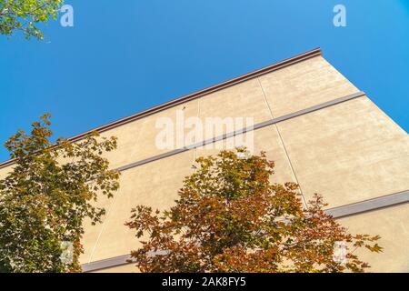 Nahaufnahme des lichtdurchfluteten Gebäude Exterieur mit Bäumen gegen wolkenlosen blauen Himmel Stockfoto