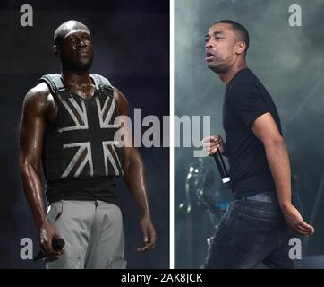 Undatierte zusammengesetzten Datei Fotos (von links nach rechts) Stormzy und Wiley. Rapper Wiley hat gedroht, Stormzy's Mutter, als die Fehde zwischen zwei britische Rapper eskaliert in Angriff zu nehmen. Stockfoto