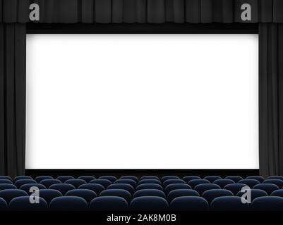 Kino grossen Bildschirm mit schwarzen Vorhang rahmen und Sitze Stockfoto