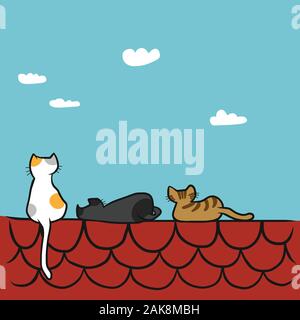 Katzen sitzen auf einem roten Dach, Cartoon-Vektor-Illustration Stock Vektor