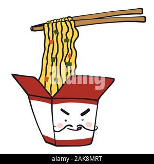 Chinesische Nudeln in Papier und Essstäbchen cartoon Vektor-illustration doodle Stil Stock Vektor