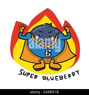 Super Blueberry Held auf Feuer cartoon logo Vector Illustration Stock Vektor