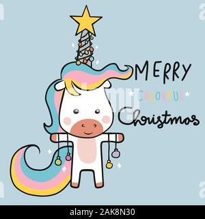 Unicorn Merry farbenfrohe Weihnachts-Cartoon-Vektorgrafiken Stock Vektor