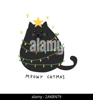 Fette Katzen-Akt zum Weihnachtsbaum mit bunter Glühbirne, Meowy Catmas Cartoon-Vektor-Illustration Stock Vektor