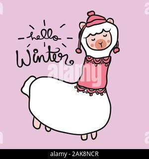Llama weiblich, Hallo Winter Cartoon Vektor Illustration Stock Vektor