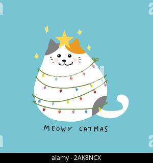 Fette Katzen-Akt zum Weihnachtsbaum mit bunter Glühbirne, Meowy Catmas Cartoon-Vektor-Illustration Stock Vektor